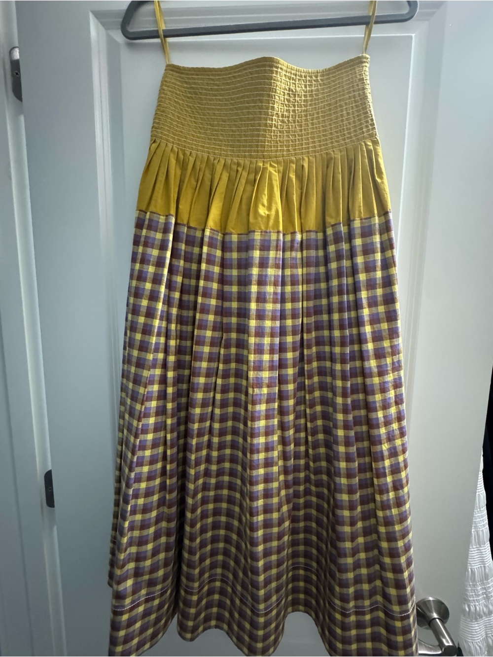 Tory Burch Yellow and Purple Plaid Maxi Skirt with Smocked Waist